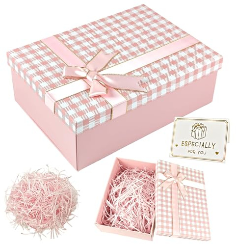 YIMETOP Geschenkbox mit Deckel, 25 x 18 x 9 cm Geschenk Box Karton Groß mit Schleife Grußkarte und Bast, Faltbare Geschenkverpackung Box für Geburtstag Hochzeit Weihnachten, Valentinstag (Rosa)