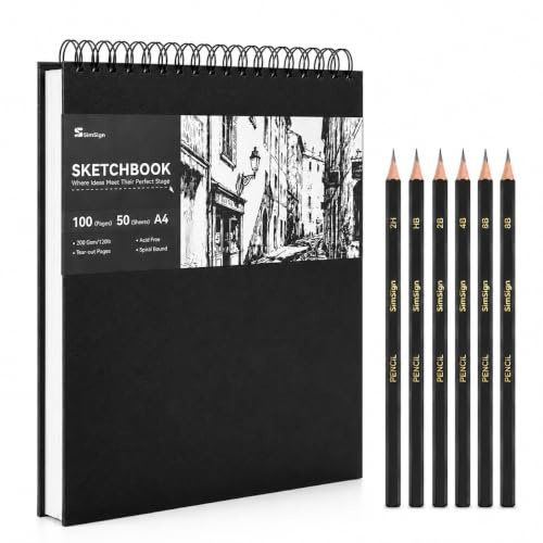 SimSign Skizzenbuch A4 mit 6 Profi-Skizzenstiften, Sketchbook mit 200g Papier, 50 Blatt/100 Seiten, Zeichenblock Spiralbindung, Hartkarton-Cover & Perforation, für Zeichnen, Sketch, Aquarell