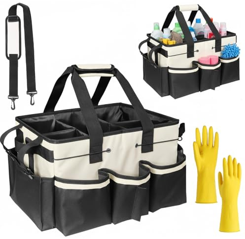 Cleaning Caddy with Handle,Waterproof 900D Oxford Large Cleaning Caddy Bag | Large Multi-Compartment Cleaning Caddy Organizer with Gloves,Adjustable Shoulder Strap&Detachable Divide for Home,Car,Garden
