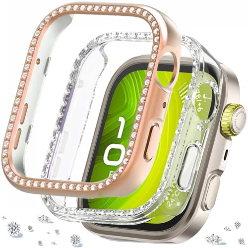 DEALELE [2-pack] klockfodral kompatibelt med Huawei Watch FIT 4 Pro, glitter strass diamant PC skyddande hölje hölje ersättning klockor skyddskåpa tillbehör för män kvinnor (roséguld + transparent)