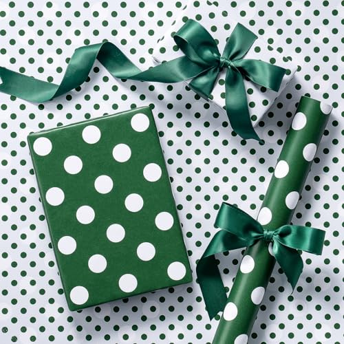 RUSPEPA Mini-Doppelseitiges Grün-Weiß Punkte-Geschenkpapier Große & Kleine Punkte, Modern & Minimalistisch Für Geburtstage, Babypartys, Hochzeiten, Feiertage, Partys 43,2 cm x 5 m