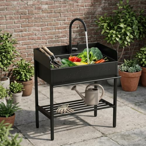 AYHARYLH Fregadero Negro Exterior Jardin,Mueble Pila Lavadero con Grifo | Con Protector Antisalpicaduras de 3 Lados,para Baño, Restaurante, Lavandería(60x45x92cm)