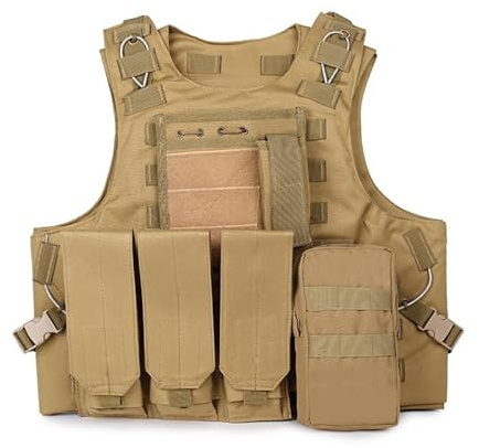 QMFIVE MOLLE RRV Assault Combat Vest with pouch/ Traning Protective Security Vest for Tactical Hunting Airsoft Outdoor (TAN) (TAN)