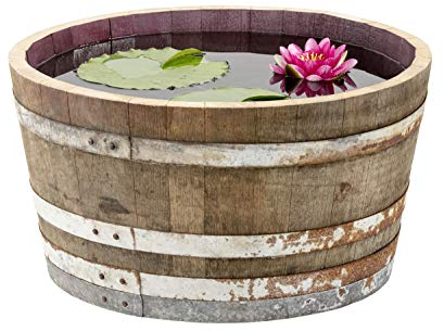 Temesso Weinfass halbiert aus Eichenholz rustikal - als Miniteich D70 cm (Naturbelassen - mit Rollen)