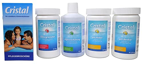 Cristal Wasserpflege Set - Chlorgranulat 1 kg - pH-Heber 1kg - pH-Senker 1,5 kg - Algenverhütung 1 l - Pflegebroschüre - Komplettpflege Pool Whirlpool