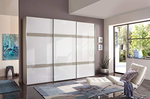 WIEMANN Rialto Kleiderschrank, Schwebetürenschrank, Schlafzimmerschrank, mit Schiebetüren, Breite 300 cm, Kieselgrau, Glas weiß, Holz, B/H/T 300x217x67 cm