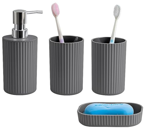 Novel Solutions Premium 4-Piece Bathroom Accessories Set – Matt Grey Rubber-Coated Soap Dispenser, Soap Dish, Tumbler Cup & Toothbrush Holder – Modern Vanity Organiser Kit (Grey Finish) | Soap Dispenser and Toothbrush Holder, Soap Dish & Tumbler, Rubber-Coated