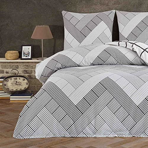 Style Heim Biber Bettwäsche 135x200 cm Flauschige Winterbettwäsche 2 Teilig 100% Baumwolle mit Reißverschluss Bettwäsche-Set Kissenbezug 80x80cm, Wendebettwäsche Zick Zack Muster, Weiß Grau