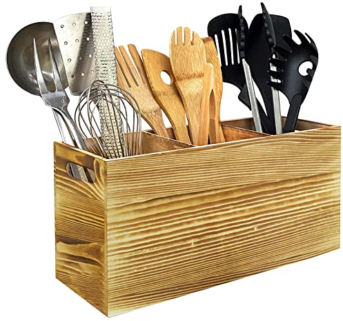 Küchenutensilienhalter Holz Utensilienhalter Küche Organizer Bambus Besteckaufbewahrung Besteckbehälter Besteckkasten, Küchenutensilienkorb für Küchenutensilien Küchenhelfer Set (Khaki 3 Fächer)