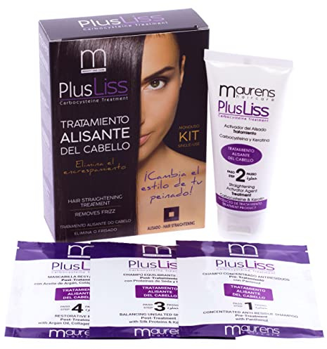 Maurens, PlusLiss Alisado Brasileño del Cabello Tratamiento Capilar a base de Keratina y Carbocysteina alisado natural, controla el volumen y acaba con el encrespamiento. Kit aplicación en casa