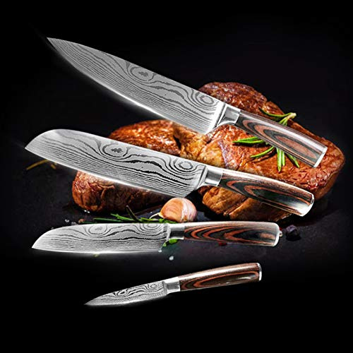 Coltello Set Professionale Chef Coltelli da cucina Colore Maniglia in Legno Damasco Reticolo Acciaio Set Set di coltello multifunzionale coltelli (Color : 4pcs)