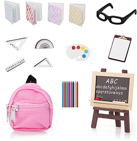 Cobee Lot de 22 Fournitures Scolaires pour poupée Miniature, Maison de poupée 1:12, Mini Ensemble d'école, Sac à Dos, Tableau Noir, Presse-Papier, règles, Crayons de Jeu, Maison de poupée