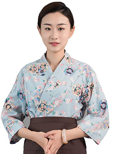 Damen Kochjacke, Sushi-Jacke, Langarm mit Drucken, Seitlich Binden, Japanisches Style