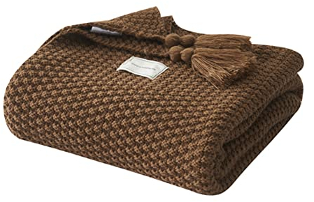 MRBRON Tagesdecke mit Fransen Kuscheldecke Boho Decke aus Strick, Plaid, Sofa, Tischdecke, Tagesdecke, Nordisch, Warm, Weich, Handgefertigt für Strand, Picknick (Braun,180x200CM)