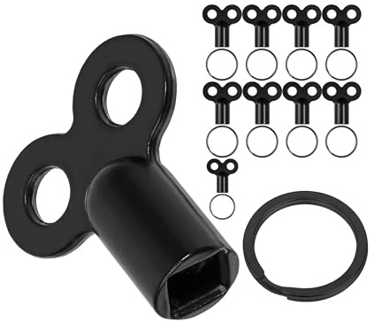 Jeu de clés de purge pour radiateurs, 10 pcs, en Noir, avec porte-clés, clé carrée pour vannes de radiateurs de 5 mm de côté, kit de bague fendue pour purgeurs de radiateurs
