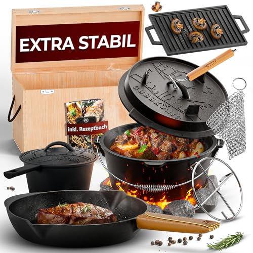 GUSSKÖNIG Dutch Oven Set 10-teilig - bereits eingebranntes Gusseisen Topf Set - Bratpfanne, Grill Topf, Grillplatte, Deckelheber, Untersetzer, Ringreiniger Griffschutz - inkl. Dutch Oven Rezeptbuch