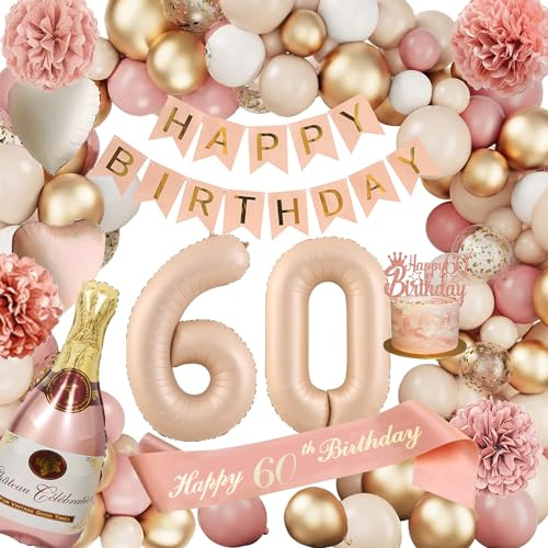Deko 60. Geburtstag Frauen Luftballon, Retro Rosa Ballon Girlande | Champagner Ballon, Seidenpapier Pompons für Frau Party Dekoration