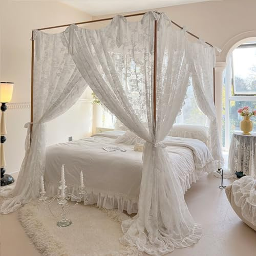 Elegante Spitze Prinzessin 4 Eckpfosten Moskitonetz Romantisch für Mädchen Frauen Bettvorhang Baldachin für Erwachsene Hochzeit Schlafzimmer Kinderzimmer Dekoration (Typ 3-Beige-We