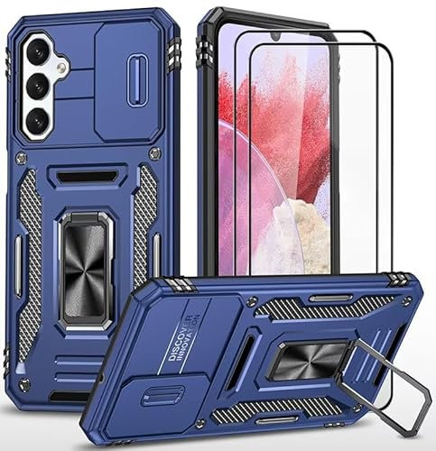CLYDITE Coque pour Samsung Galaxy A25 5G étui avec 2 Verre Trempé Support magnétique Armure Robuste Antichoc Silicone avec Couvercle de caméra Coulissant Bumper-Bleu