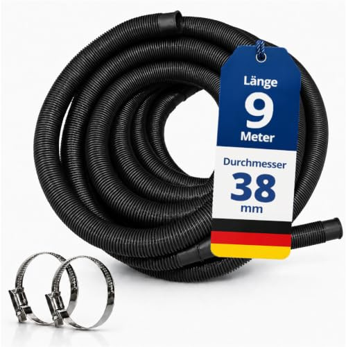 HAF Högkvalitativ poolslang 38 mm svart 9 m för trädgård och pool, solslang inkl. 2 x slangklämmor i rostfritt stål, poolslang, pumpslang – kvalitet: Tillverkad i Tyskland