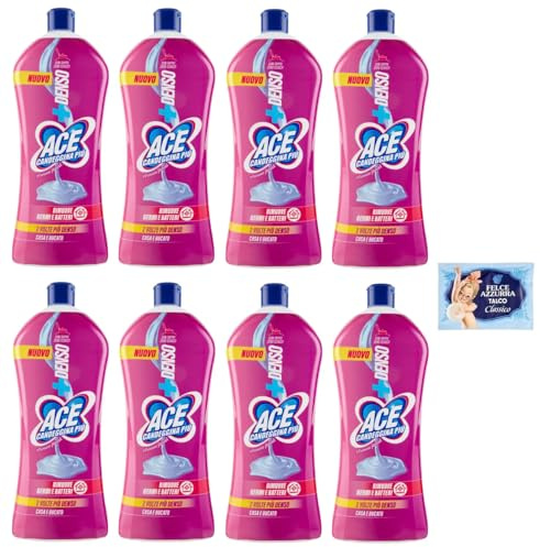 8x Ace Candeggina Più +Denso Armonie Floreali - igienizza superfici e bucato in profondità - Bottiglia Squeeze 1Lt + 1 Confezione di Talco Felce Azzurra in omaggio, Busta da 100g