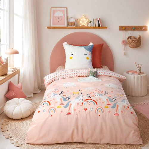 CÔTE DECO Parure de lit 140x200cm, Animal Licorne Rose Blanc Poche Doudou