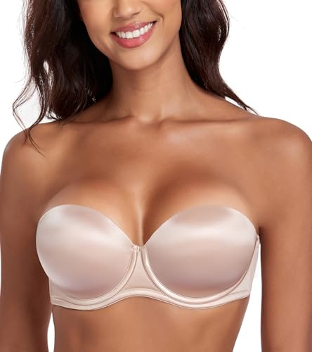 Lemorosy Women's Push Up Strapless Bra Thick Padded Underwire Multiway Convertible Add a Cup(Beige,34D)