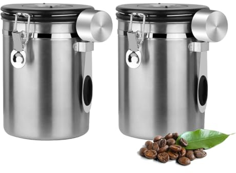 Luftdichte Edelstahl Kaffeedose, Vakuum Kaffeebehälter Kaffeebohnen Vorratsbehälter mit Datumsverfolgung, CO2-Freigabeventil und Messlöffel, für Tee Nüsse Kakao Frisch 1,8L (2er Set - Silber)