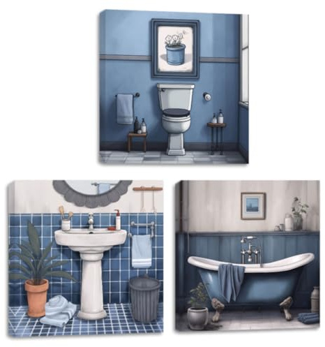 CGXLB Bathroom Canvas Wall Art Tub Pictures Bathroom Wall Decor Blue Home Canvas Painting Flower Rustic Toilet Decor Sink Plants Towels Bathtub Vintage Posters Sets for Spa Room,Framed