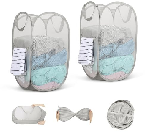 WUFANC 2 Piezas Cesto Ropa Plegable, 75L para Baño y Camping | Pop Up Cesta Plegable Colada 36x36x58 cm, Asa y Malla Transpirable, ideal para Almacenaje en Hogar, Viajes y Dormitorios