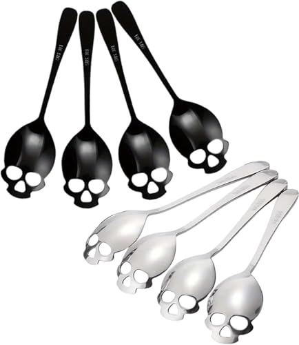 Lot de 8 cuillères crânes d'Halloween en acier inoxydable pour thé, lait, sucre, dessert, gâteau