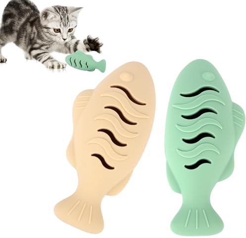 BOXOB 2pcs Silicone Cat Toys, Fish Shape Interactive Teething Toys Pet Food Dispenser Pet Kitten Supplies for Indoor Cats Training (Beige, Green)