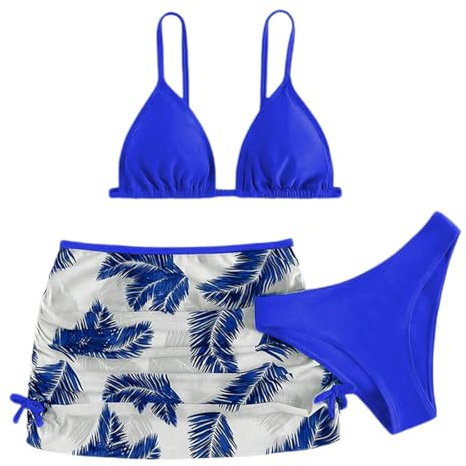 Trajes de Baño 3 Piezas para Niña Top de Bikini con Tirantes Ajustables Falda Baño con Cordón y Estampado Floral y Pantalón Corto Cintura Alta Bañadores para Adolescentes 6 a 16 (Blue, 12-13Years)