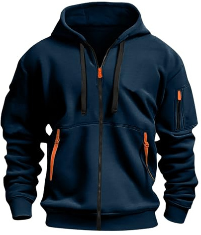 Aulemen Hoodie Herren mit Reißverschluss Langarm Sweatjacke Männer Mehrere Taschen Slim Fit Zip Kapuzenpullover für Alltag & Sport Blue-XL