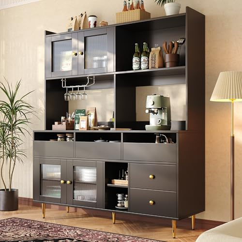 EINHOM Sideboard Storage Cabinet with Changhong Glass Door, Kitchen Cabinets with Wine Glass Holder, Multi Purpose Kitchen Unit (Black)