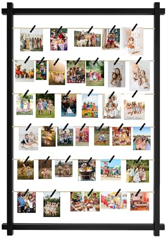 Collage-Bilderrahmen,Fotodisplay-Tafel mit Clips,Hängende Wanddekoration für Hochzeit,Abschlussfeier,Geburtstag,Glückwunschkarten,Briefe,Postkarten,Weihnachtskarten,Organizer-Halter,100cm(Schwarz)