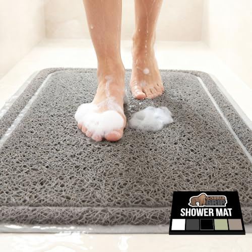 GORILLA GRIP Exfoliating Bath and Shower Mat, Textured Backing, Soft Loofah-Style Foot Scrubber for Outside or Inside Bathtub, Quick Dry Easy Drainage Tub Floor Mats, Bathroom Essentials, 24x16, Gray