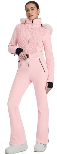 HOTIAN Combinaison de ski pour femme, 1 pièce, imperméable et coupe-vent, pour l'hiver, avec capuche, Rose, XL