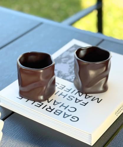 Zoha Handgefertigte Keramikbecher 2er Set Diamond - Kaffeetassen Set Modern mit Rundungen, Große Kaffeetassen 290 ml, Keramik Becher handgefertigt und spülmaschinengeeignet - Mug Set - Mocha Mousse