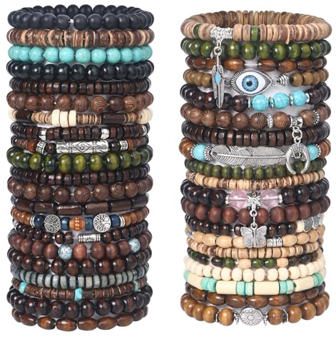 Giovanchi 41 PCS Mens Beaded Bracelets Larger Size Women Adjustable Punk Braided Wooden Bead Bracelet Bulk Wood Bangles Wristbands Meaningful Jewelry Gift
