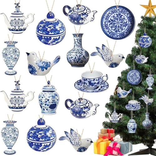 40-teiliges Chinoiserie-Dekor, doppelseitiger hölzerner Weihnachtsbaumschmuck, Blaue und weiße Porzellanornamente, Teekanne, Weihnachtsmann-Hängeanhänger, Weihnachtsdekorationen