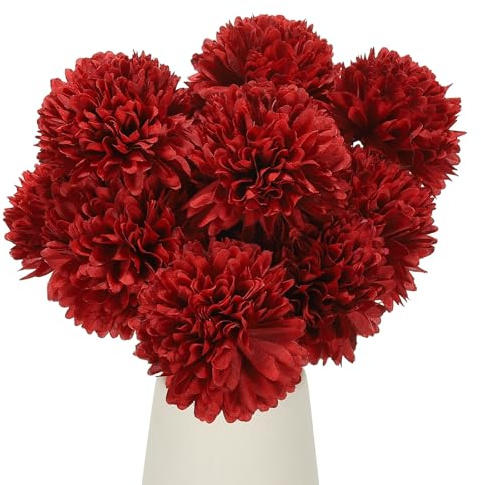 QUARKZMAN 12 Stück Künstliche Chrysanthemen Kunstblumen, Kunstseiden-Blumen für Draußen und Drinnen, Hochzeitstisch-Deko, Wohnaccessoires, Rot