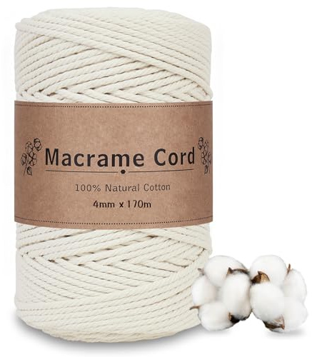 DOBIGER Hilo de Macramé Beige 4mm x 170m - Cuerda de Algodón Gruesa para Maceteros Colgantes, Tapices y Decoración | Alta Resistencia, Ideal para Exteriores