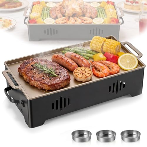 Plaque Chauffante Pour Barbecue, Récipient Chauffant Pour Grillades Planche à Griller Chauffe-Plats Accessoires Grillades Plaque Chauffante Aluminium Antiadhésive Avec Trois Supports Acier Inoxydable