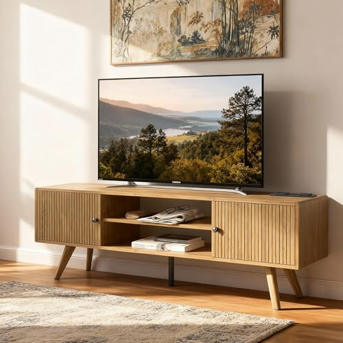 Manora Mueble de TV con Enchufe, Mesa de TV para hasta 65 Pulgadas, Mueble TV Salon con 2 Puertas y Estantes Abiertos, Mueble Television para Salon Dormitorio, 140 x 35 x 50cm, Roble
