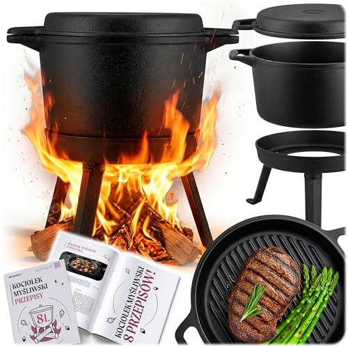 Berdsen Pentola in ghisa 8 l Dutch Oven – Pentola per fuoco per falò e barbecue, coperchio 2 in 1 utilizzabile come padella, con 3 gambe e ganci – incluso ricettario – nero