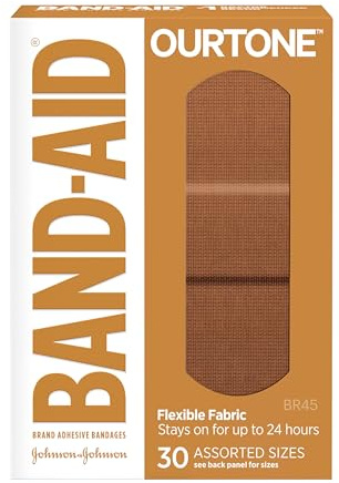 Band-Aid Brand Ourtone Adhesive Bandages, Flexible Protection & Care of Minor Cuts & Scrapes, Quilt-Aid Pad for Painful Wounds, BR45, Assorted Sizes, 30 ct