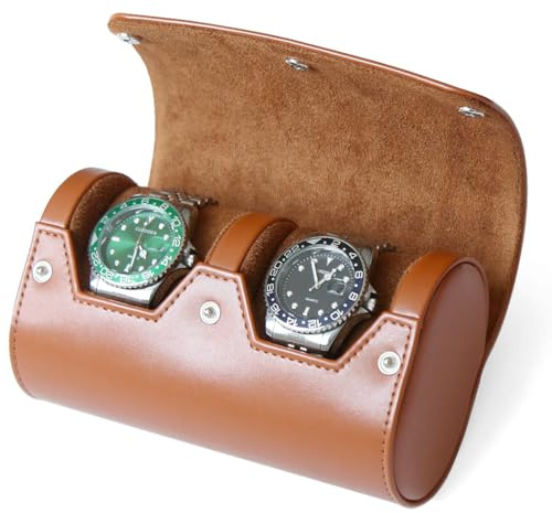 Besforu Watch Roll Travel Case for Men and Women with Suede Lining Portable 2 Slot Watch Display Storage and Organizer to Holder Large Watch(2 Slot Light Brown)