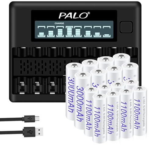 Palogreen Lot de 8 piles AA rechargeables 3000 mAh 1,2 V et piles rechargeables AAA 1100 mAh 1,2 V NiMH avec 8 baies LCD Chargeur de batterie pour piles AA AAA 1,2 V