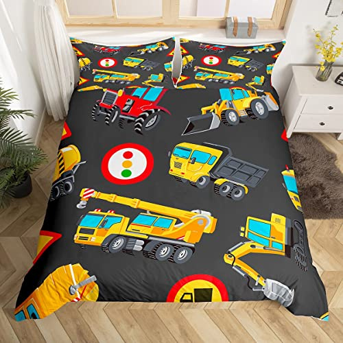 Homemissing - Set di biancheria da letto con copripiumino e federe, motivo veicoli da costruzione, con escavatore e camion giocattolo, per bambini e ragazzi, doppio, con 2 federe